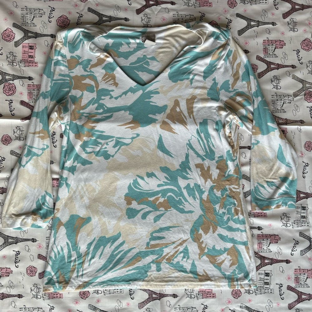 Chico’s Teal and Tan Patterned Blouse